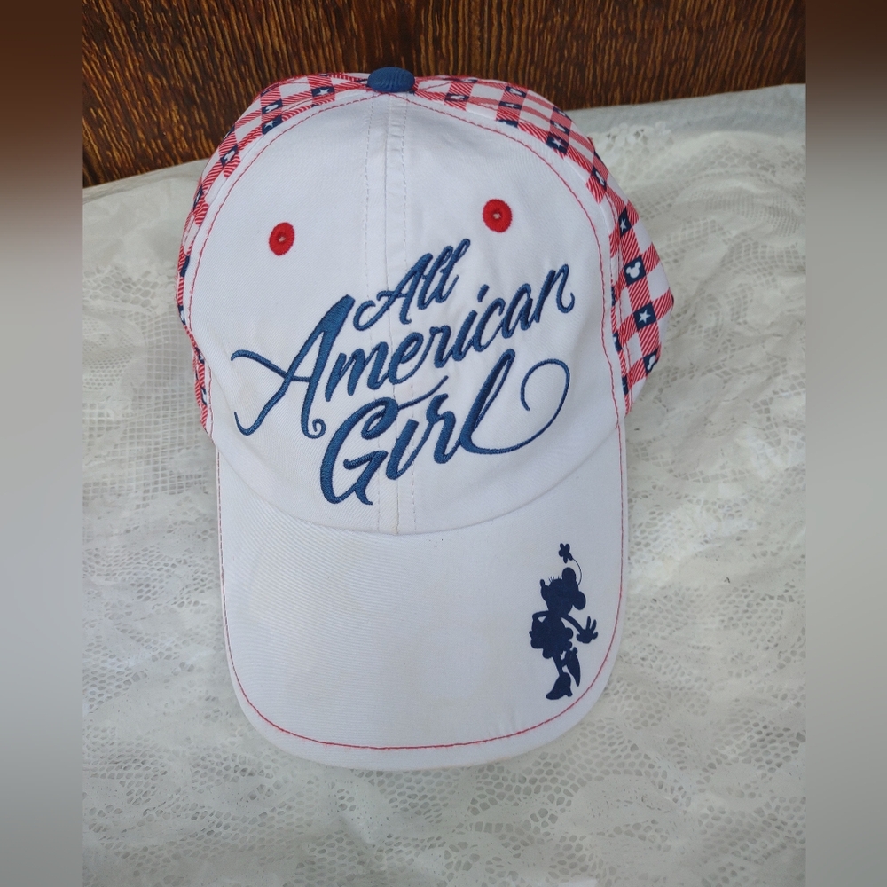 Disney Parks Minnie Mouse "All American Girl" adjustable Tie Back baseball cap. 